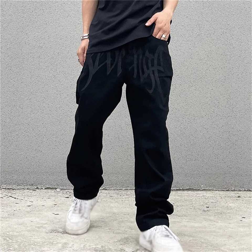 Mens Y2K Embroidered High-waisted Straight Baggy Printed Jeans Hip Hop Teenager Boy Streetwear Skateboard Casual denim Trousers X250313