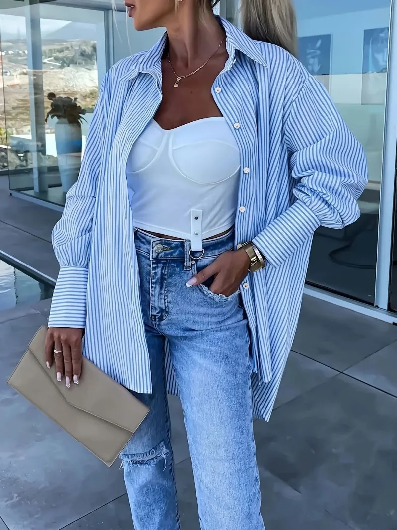 Plus Size 1XL-5XL Women Casual Loose and Comfortable Asymmetric Striped Long Sleeve Shirt Blouse 250313