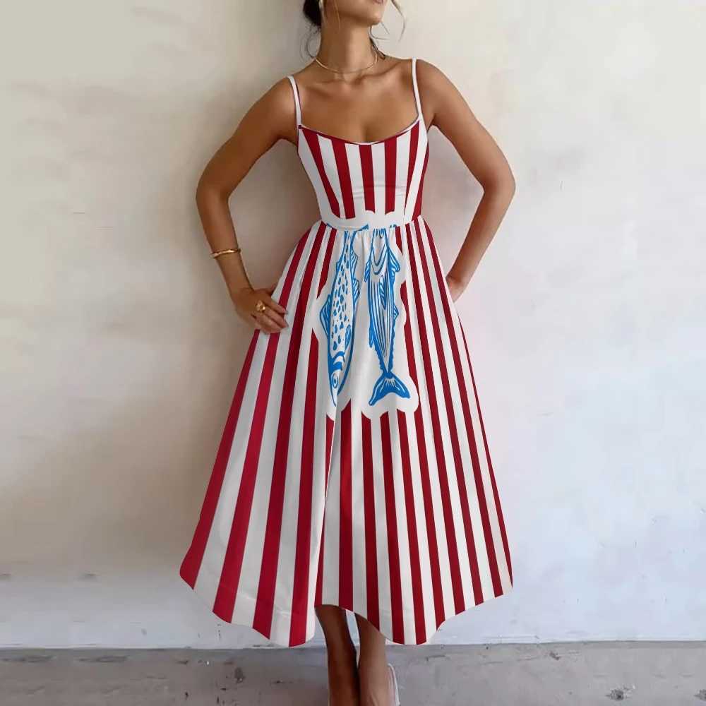 Urban Sexy Dresses Red and white striped printed abstract fish Dr womens Sundr shoulder strap ultrathin shoulder strap fluffy skin fashion magazine st
