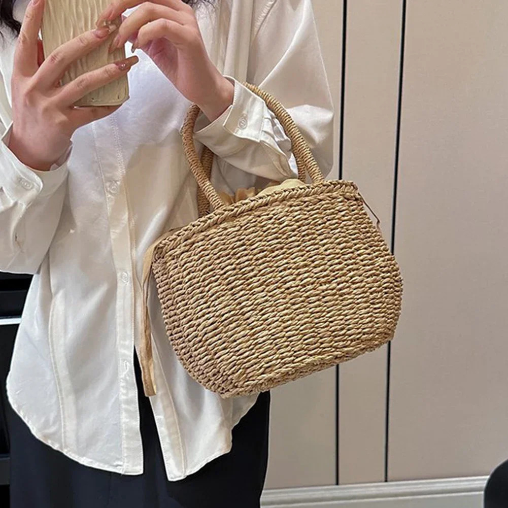 Drawstring Straw Bag for Women Top Handle Bag Summer Beach Woven Boho Bag Rattan Large Capacity Tote Bag Ladies Shopper Clutch R250312