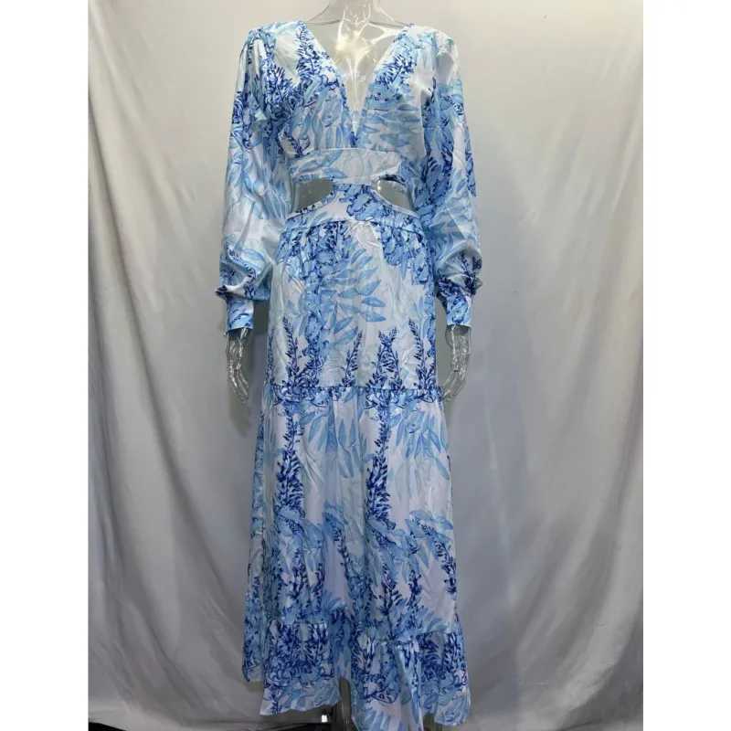 Urban Sexy Dresses Spring New Long Dr Fashion Printed Sexy Dp V Neck Long Slfed Dr Womens Elegant Hollow Ruffle Splicing Maxi Dr Y240312GZBL