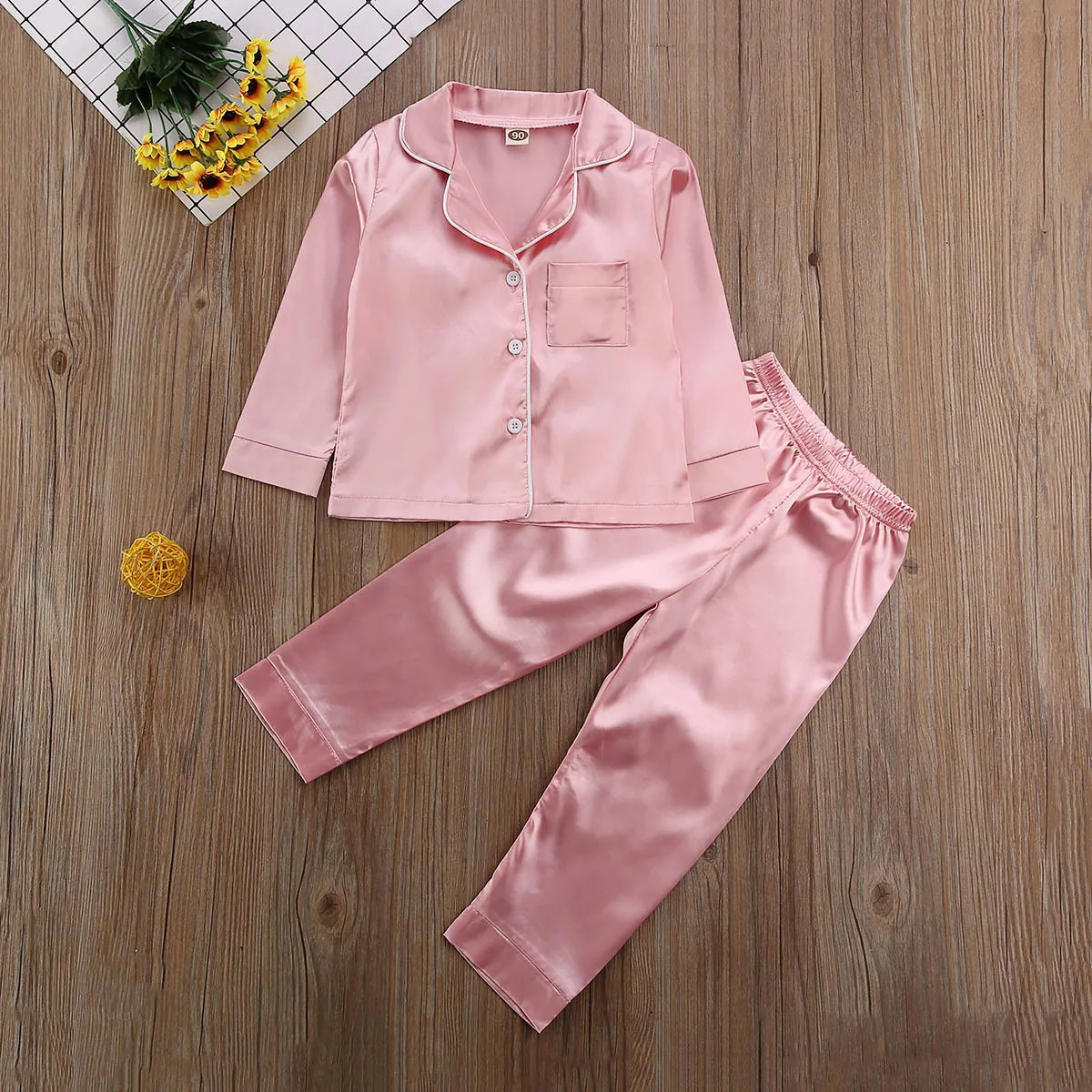 Fashion Baby Kid Girls Satin Autumn Winter Pajamas Set Solid Long Sleeve Button TopsLong Pants 2PCS Outfits Set 250312