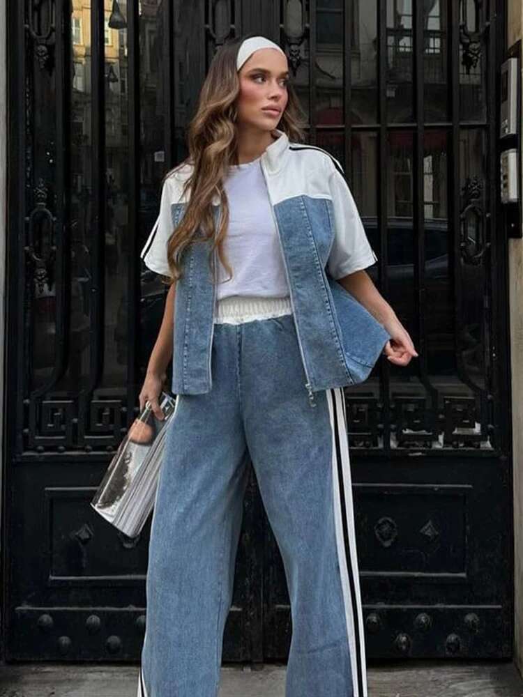 Casual Denim Patchwork Stripe Women's Suits Short Sleeve Zipper Tops High Waisted Wide Leg Pants Two-Piece Set Spring Summer New