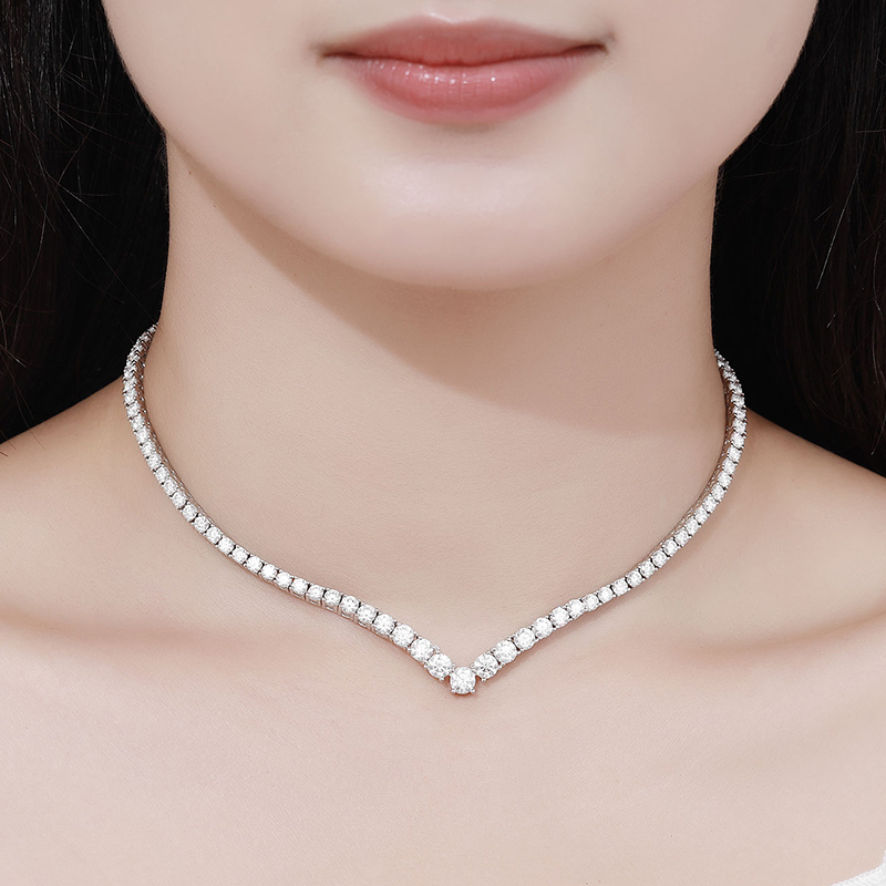 KNOBSPIN Moissanite Tennis Necklace for Woman V Style Wedding Party Neckchain 925 Sterling Sliver Plated 18k White Gold Necklace