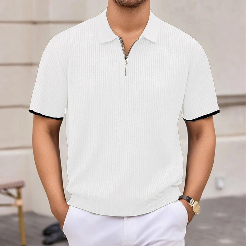 Casual solid color knitted mens polo shirt for spring and summer fashion zipper up down lapel top casual breathable 250313