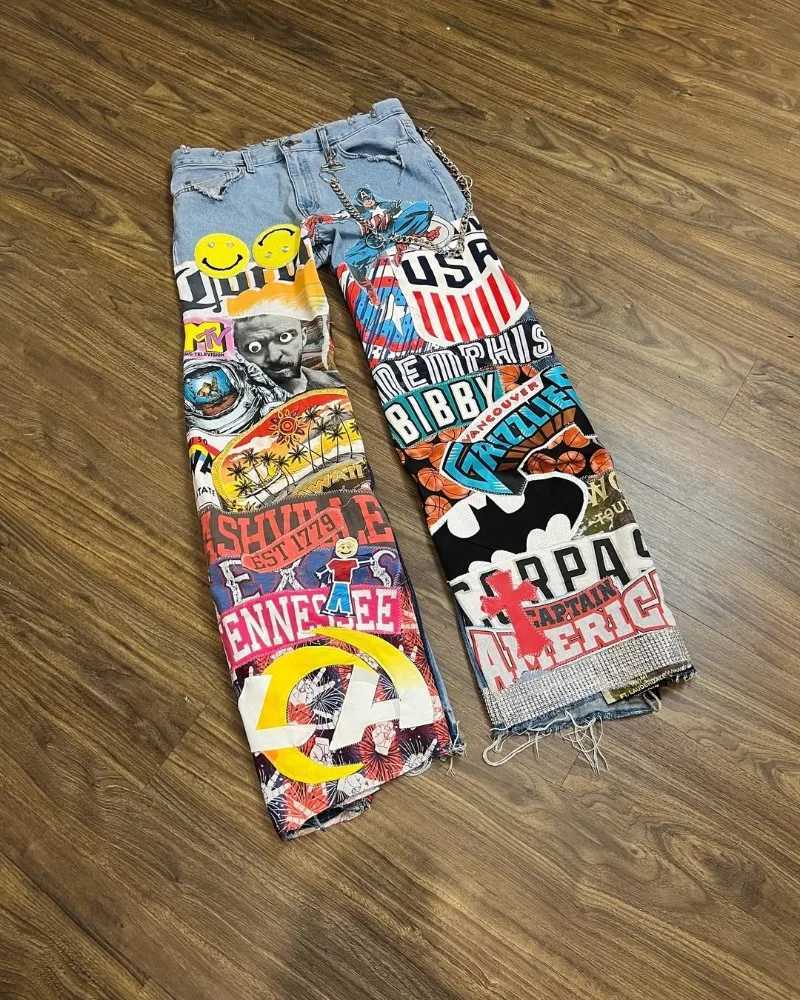 Fashion washing cartoon printing oversized jeans mens Y2k Gothpunk street hip-hop rock high waist wide leg womens jeans X250313