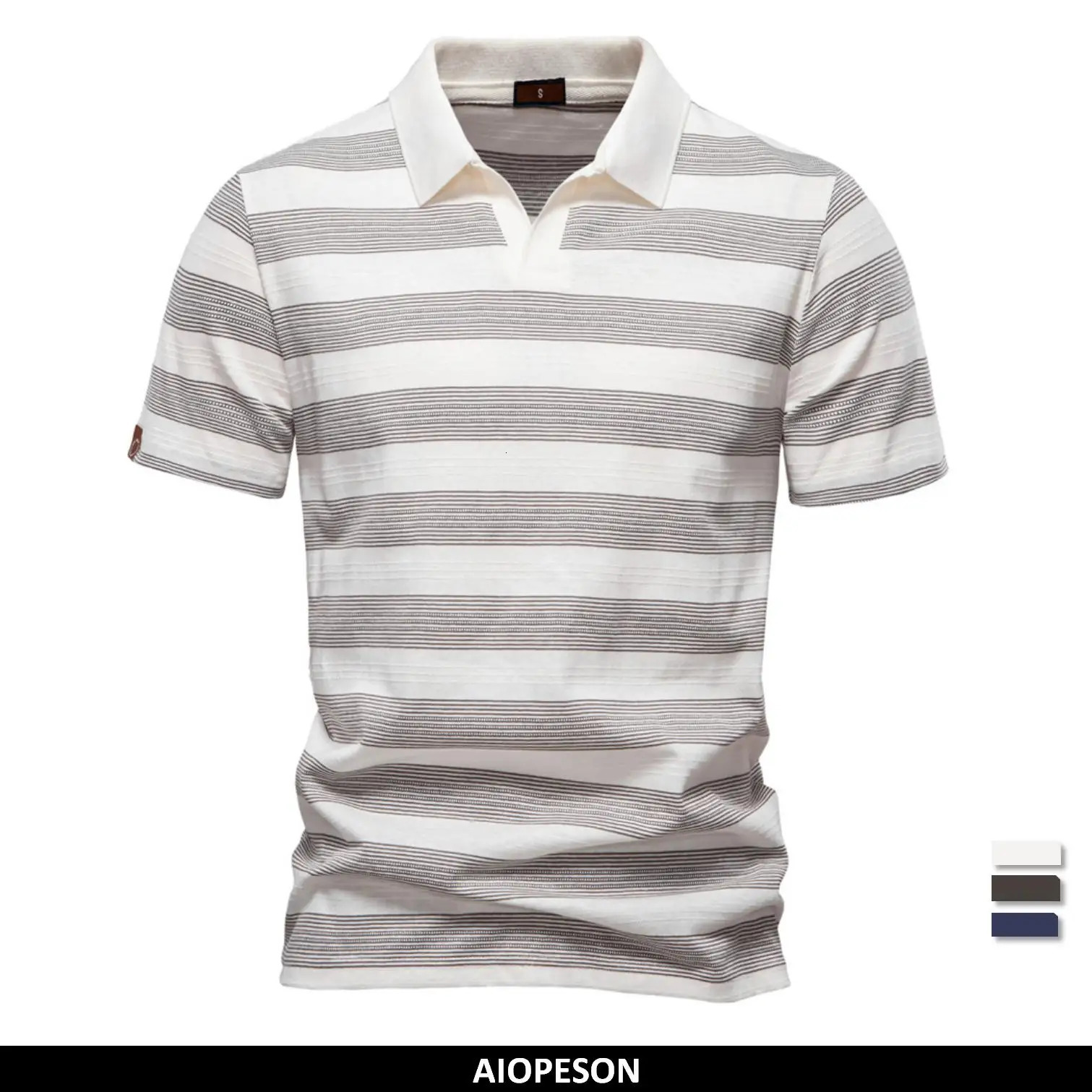 AIOPESON Summer Striped V Neck Cotton Polo Shirts for Men Breathable Short Sleeve Casual Knit Comfort Fit 250313