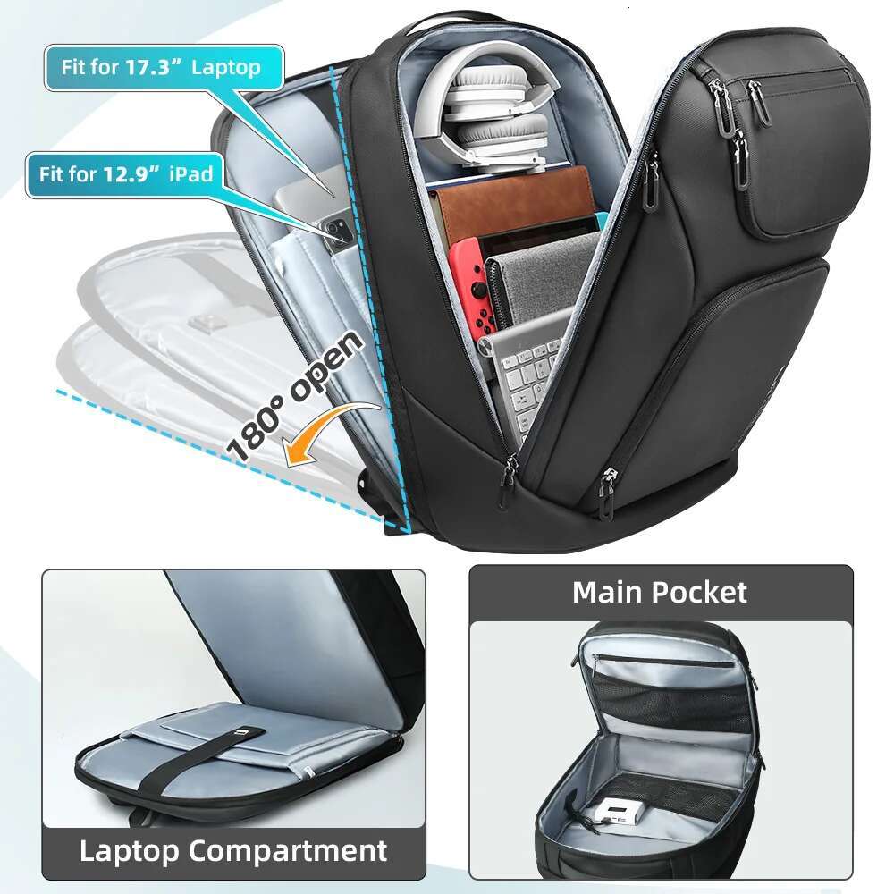 Heroic Knight Business For Men Waterproof Travel 17.3" Laptop Backpack High Capacity Multifunctional Pack USB Charging
