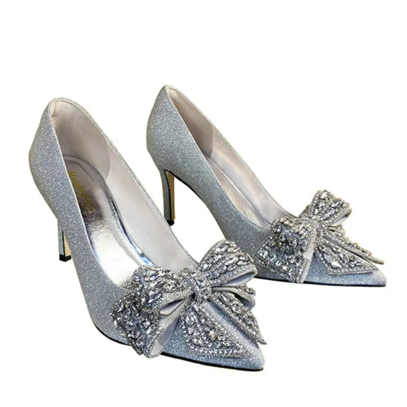 Winter Womens Silver Butterfly Wedding Shoes Bridal High-heel Wedding Sress Crystal Pumps 250312