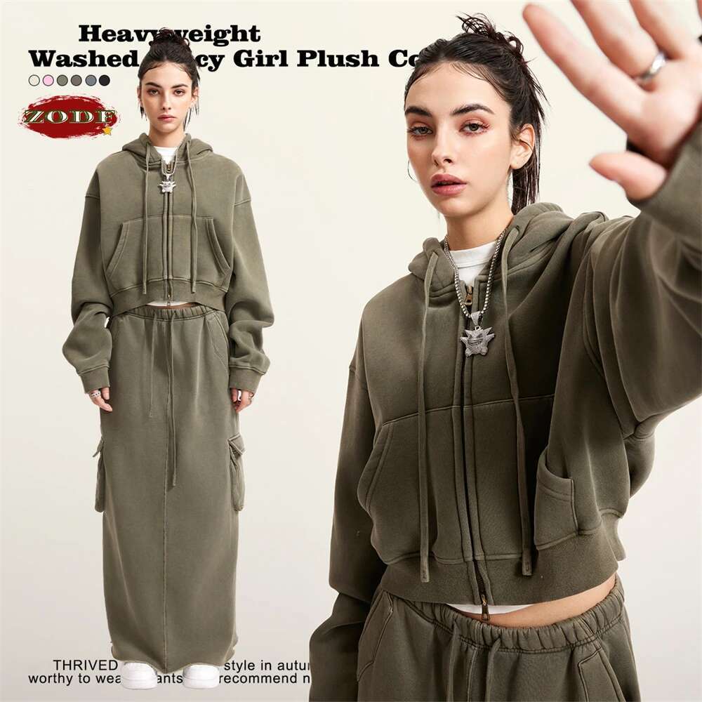 Retro Winter Women Short Zipper Hoodies Female Girls Loose Thick Fleece Hooded Zip-Up Coat Streetwears H