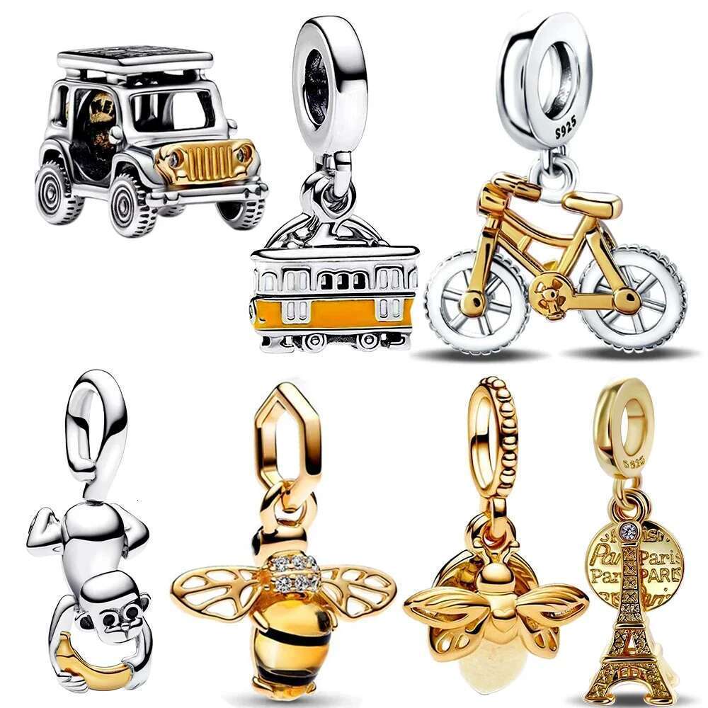 New 925 Sterling Silver Gold Bus Bus Charm Fit S925 Snake Bracelet Diy Charm Women's Fine Jewelry Gift