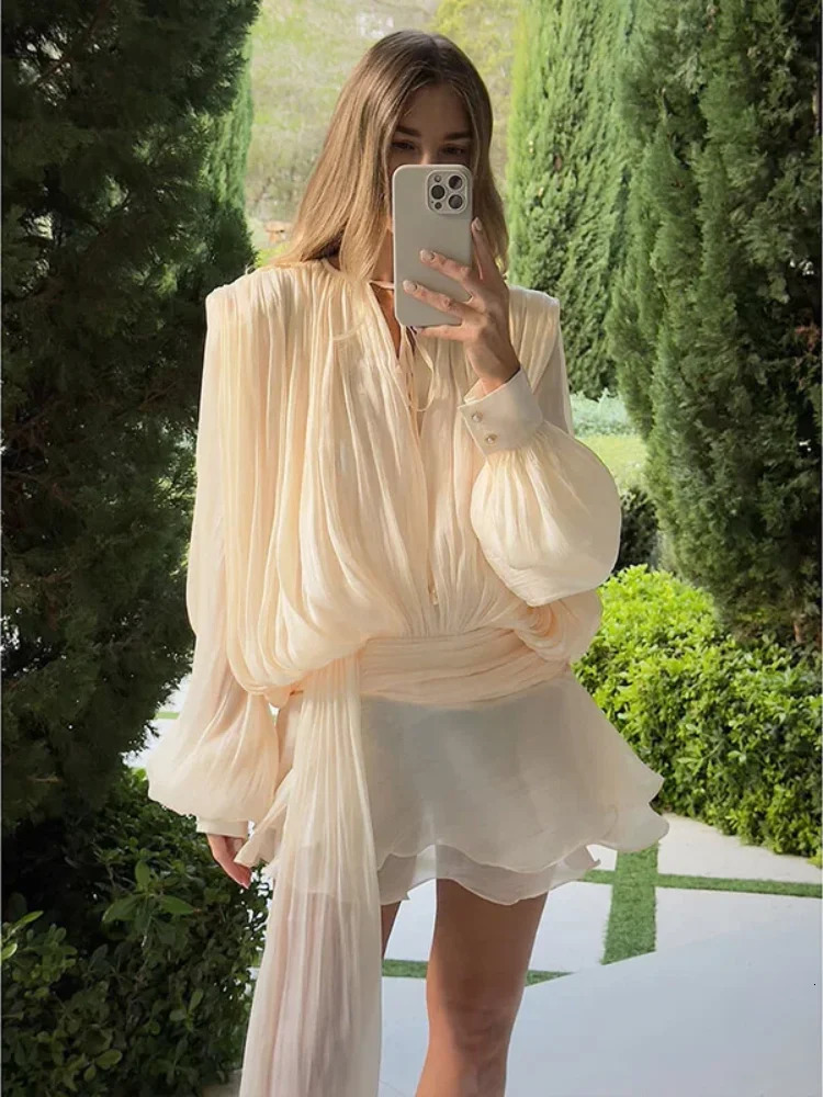 Elegant Ruffle Long Sleeve Mini Dress O Neck Lace Up Lantern Blouse Dresses Fashion Loose Lady Casual 250313
