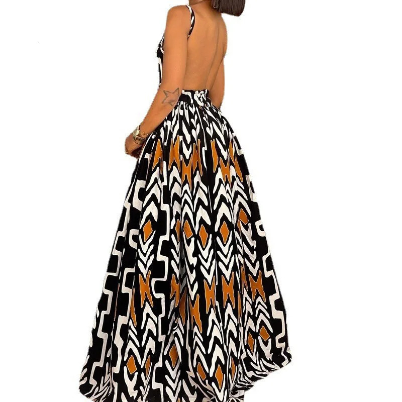 Fashionable Vneck pleated party dress with casual pattern printing backless long sleeveless Bohemian womens for spring and summer 250313
