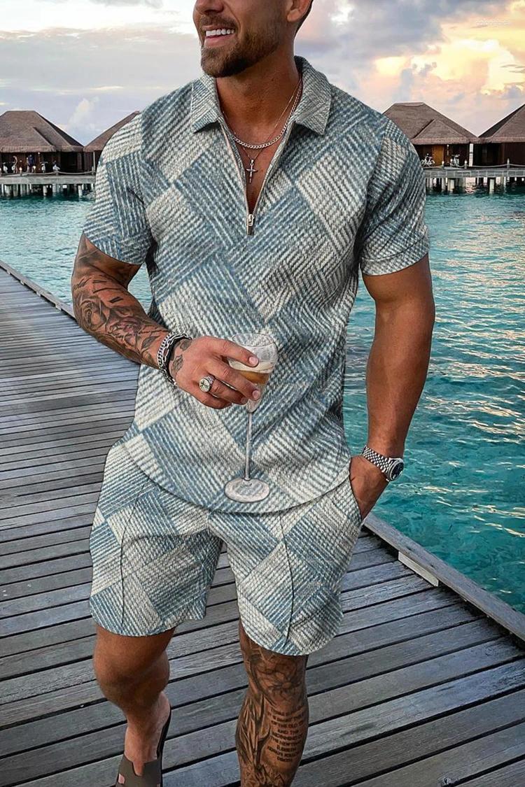 Designer Shirts Men: Bohemian Geometric 3D Print Polo Shirt Zipper Lapel Set & Shorts - Hawaiian Holiday Outfit