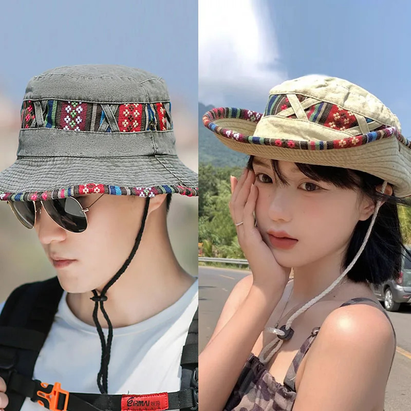 Summer Bucket Hat With String Women Man Vintage Beach Sun Fishing Hats Outdoor Hiking Bob Panama Summer Fisherman Caps 250311