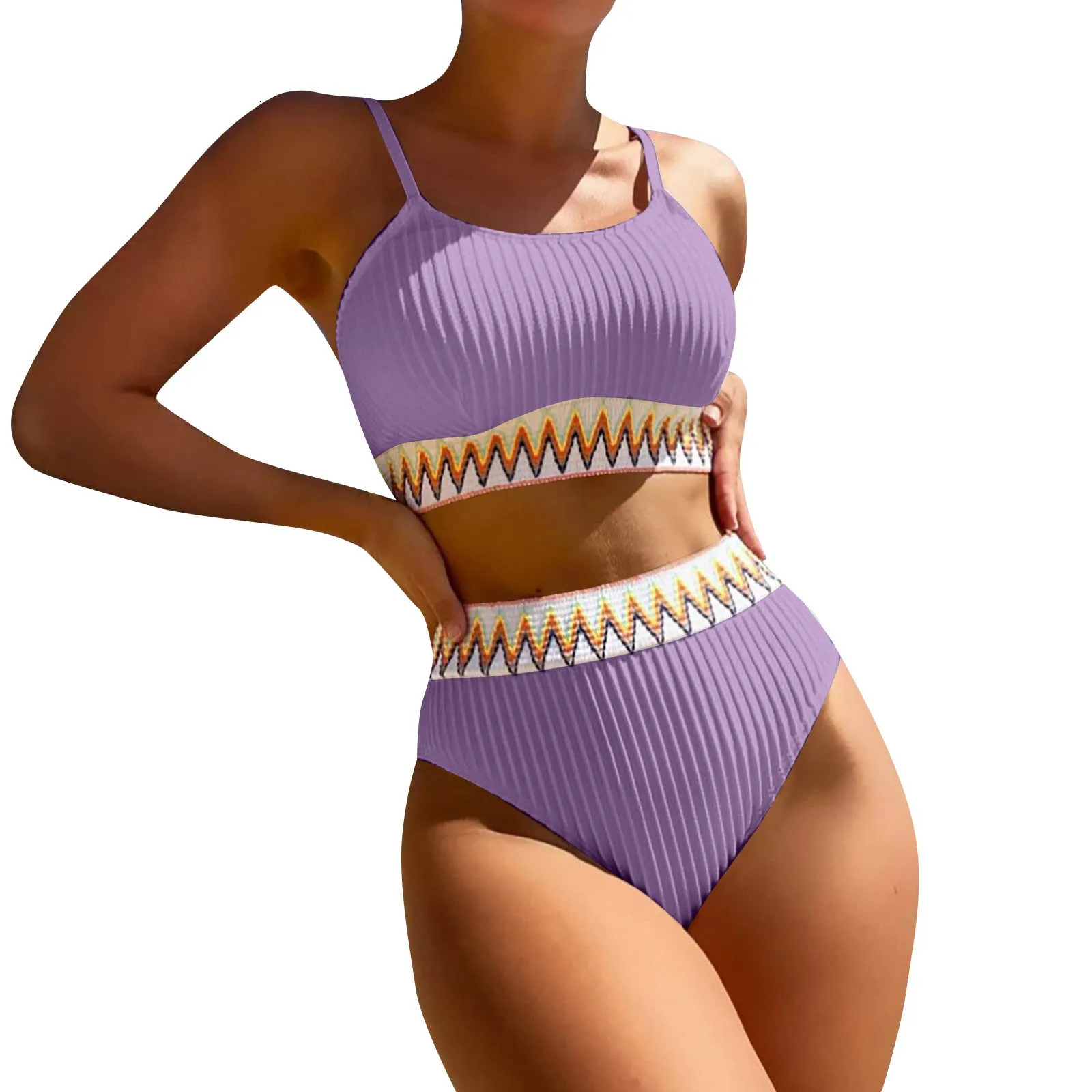 Womens High Waist Bikini Set V Neck Two Piece Swimsuit Color Block Front Twisted Sets Clothing 250311