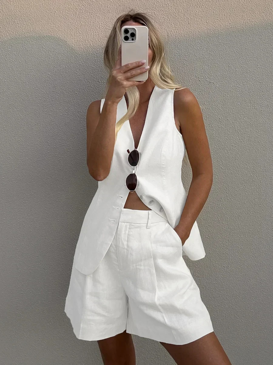 Bronladies Cotton And linen Chic Casual Vest Shorts Set Womens Summer Fashion Sleeveless Tank Top Shorts Suits 250228