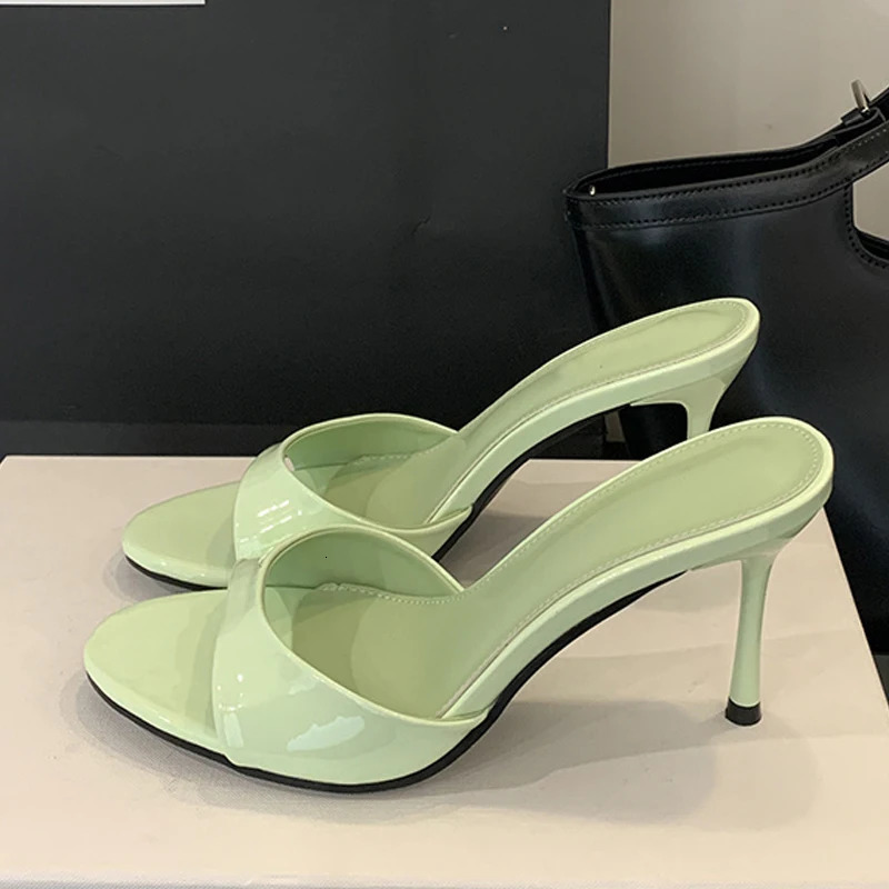 Liyke Wine Red Patent Leather Women Slippers Sandals Fashion Round Open Toe Thin High Heels Mules Slides Summer Party Dress Shoe 250314