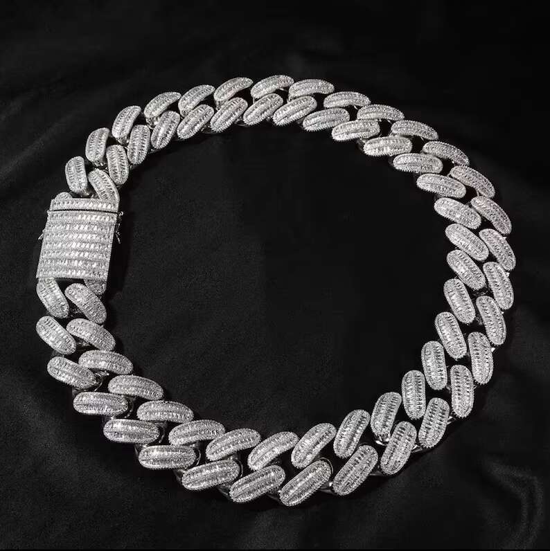 Hiphop Pure Sier 40mm 2-Row Heavy Long Stick Bread Moissanite Cuban Chain