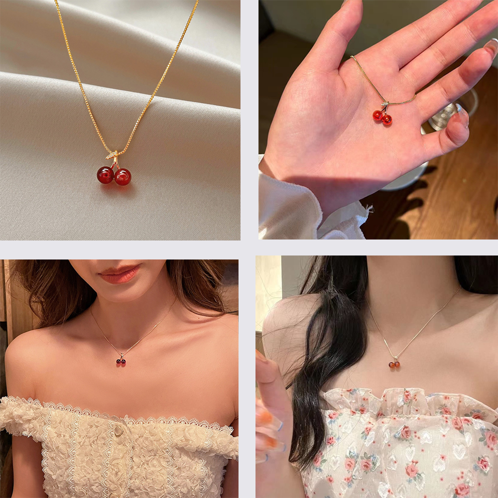 Red Cherry Pendant Necklace Womens Summer Light Luxury Collarbone Chain Accessory Elegant Jewelry for Women Fashionable Statement Piece