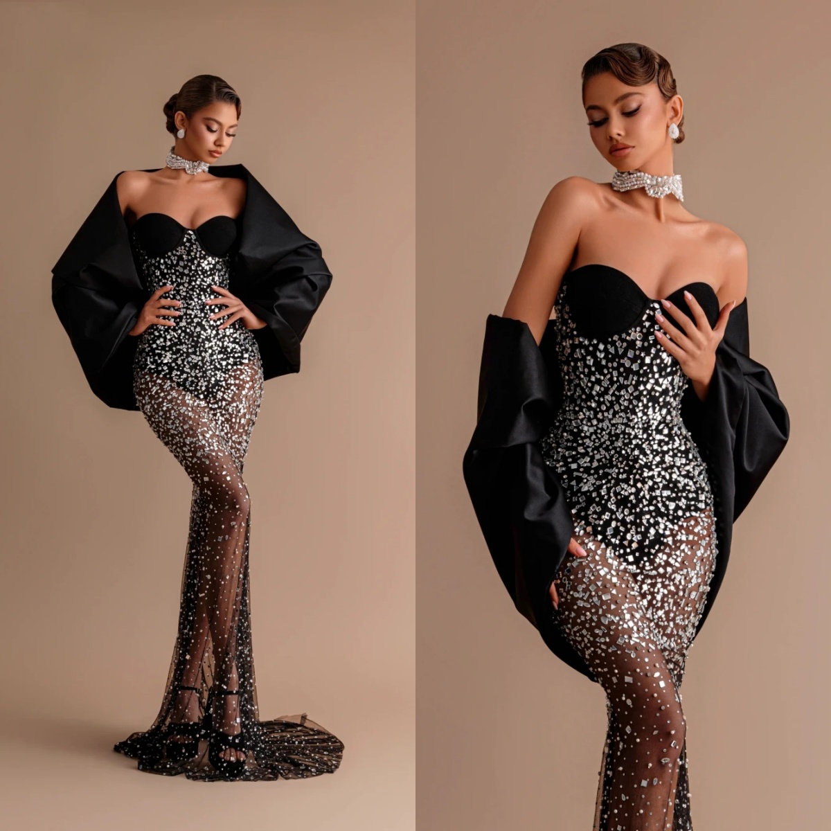 Designer Evening Dresses For Women Sweetheart Neck Sleeveless Wrap Gown Rhie Backless Sweep Train Party Customized Dress