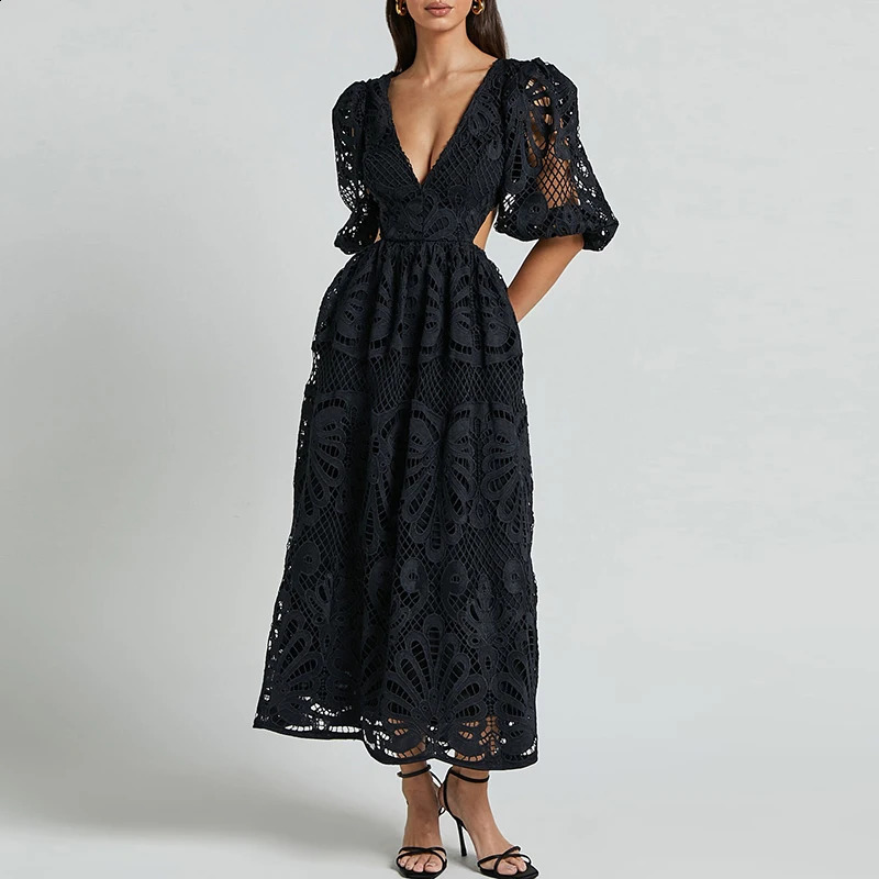 2025 Causal Half Sleeves Solid Party Dress Elegant Deep V-neck Hollow Out Long Dress Women Sexy Lace Embroidery Holiday Dresses 250313