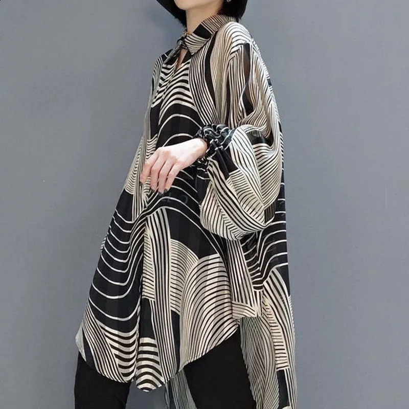 Oversized Striped Chiffon Summer Shirt Women Blouse Holiday Style Ladies Casual Sunscreen Loose Large Shirts 4XL Tops 250313