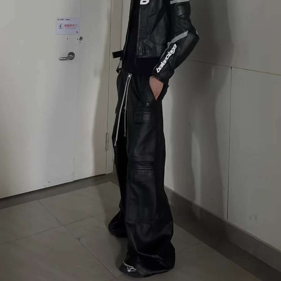 RO Style Matte PU Leather For Men High Street Y2k Pantalones Hombre Baggy Overall Wide Leg Drawstring Cargo Pants