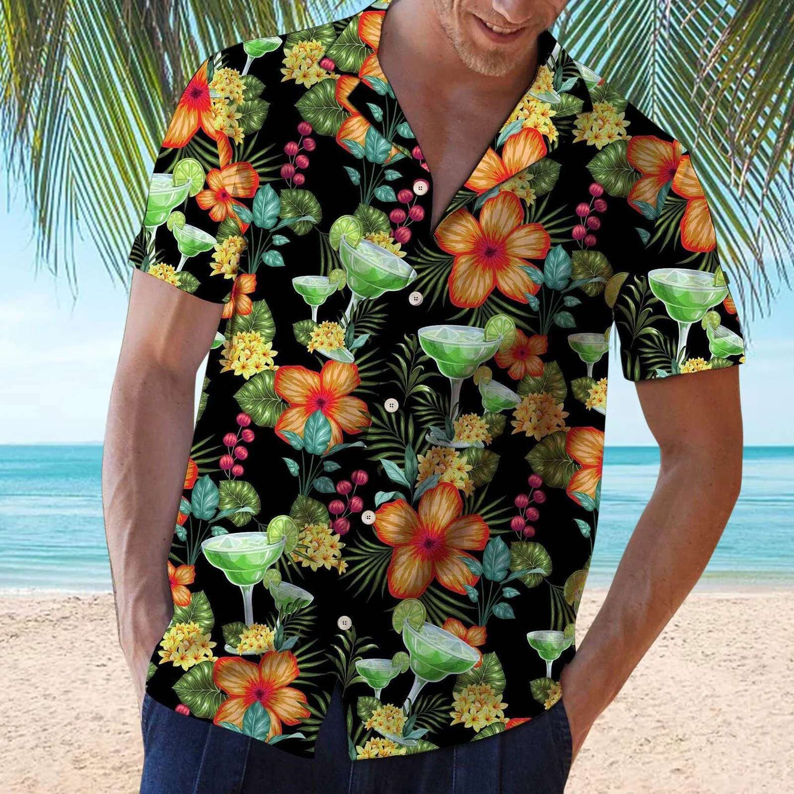 2023 New Hawaiian Red Leaf Trcal Shirts Ral Men Dazn Tops Summer Casual Short Sleeve Button Chemise Loose Vacation Beach