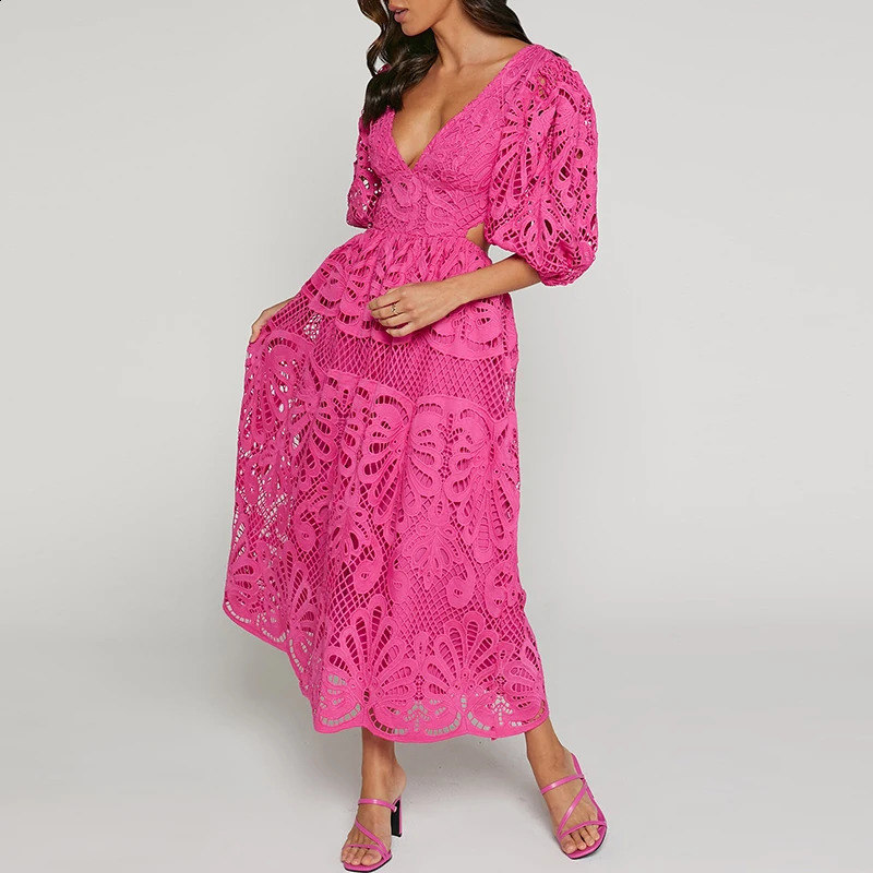 2025 Causal Half Sleeves Solid Party Dress Elegant Deep V-neck Hollow Out Long Dress Women Sexy Lace Embroidery Holiday Dresses 250313