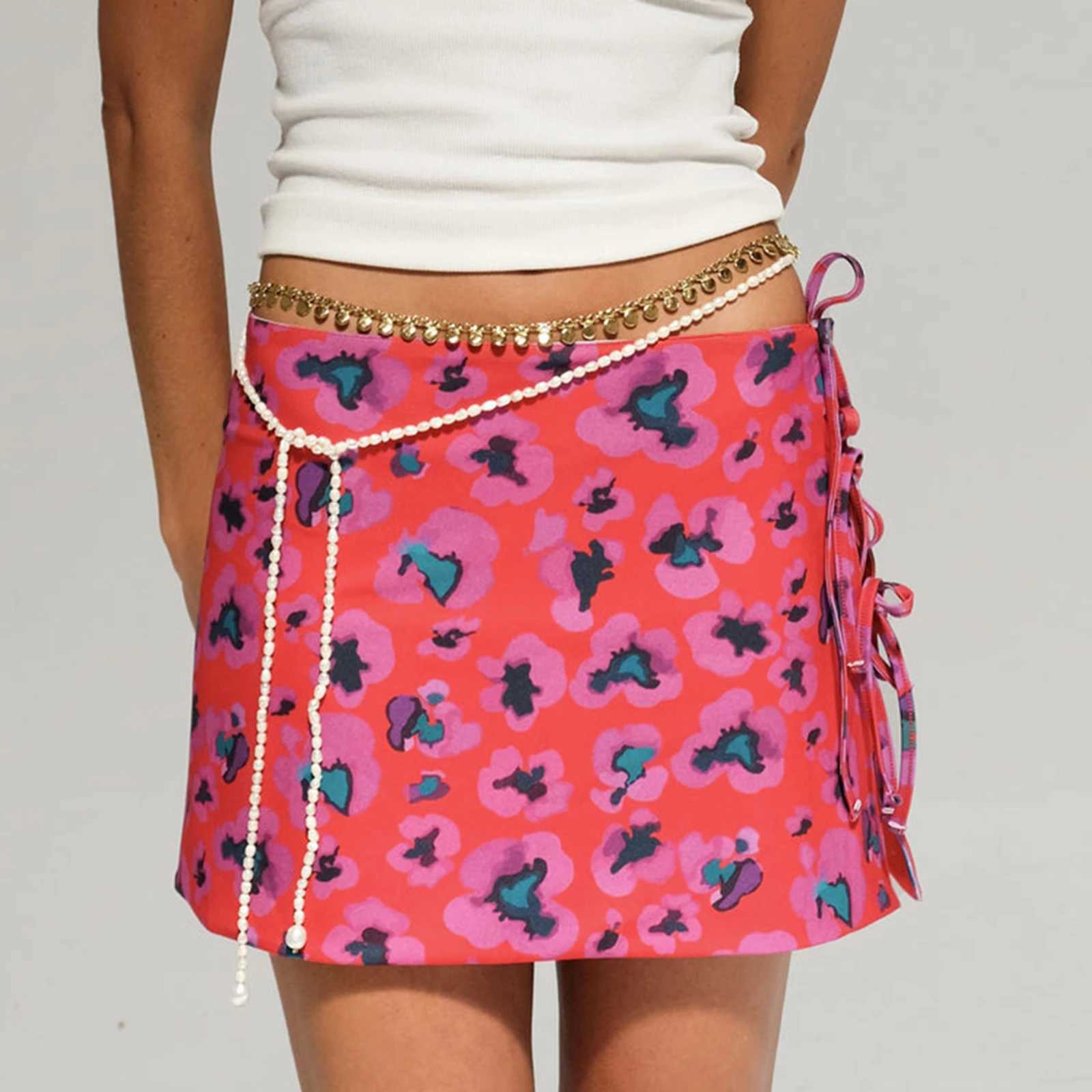 Skirts Womens Y2K retro slim fit tie with floral print low waist side split tie party mini A-line skiing Y250314F78X
