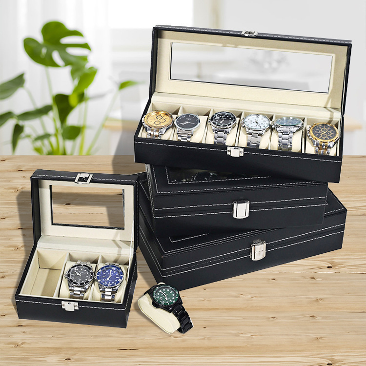 SONGMICS Watch Box 24-Slot Watch Case Lockable Watch Storage Box with Glass Lid Gift Idea Ink Black Synthetic Leather 241225