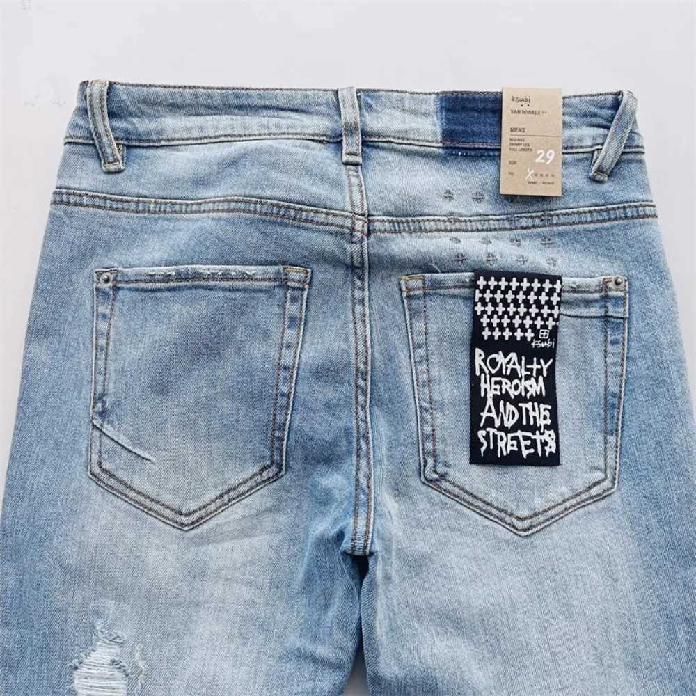 Black Blue Fashion Men KSUBI Cross Jeans Brand High Street Hole Trend Low Rise Skinny Denim Pants Ripped Frayed TrousersT250314