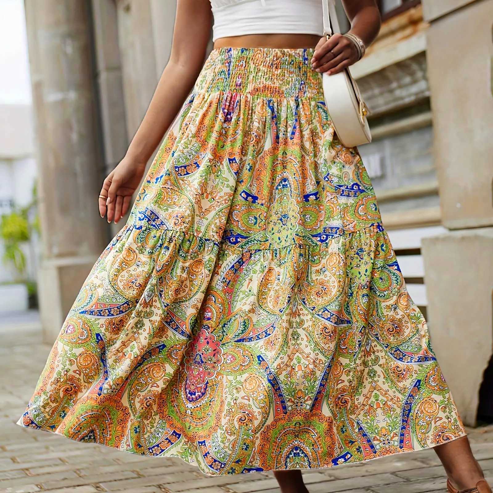 Skirts Vintage Bohemian womens summer elastic waist A-line Faldas Bohemian print Flowy skiing beach swing Maxi long skiing Y250314DOP1