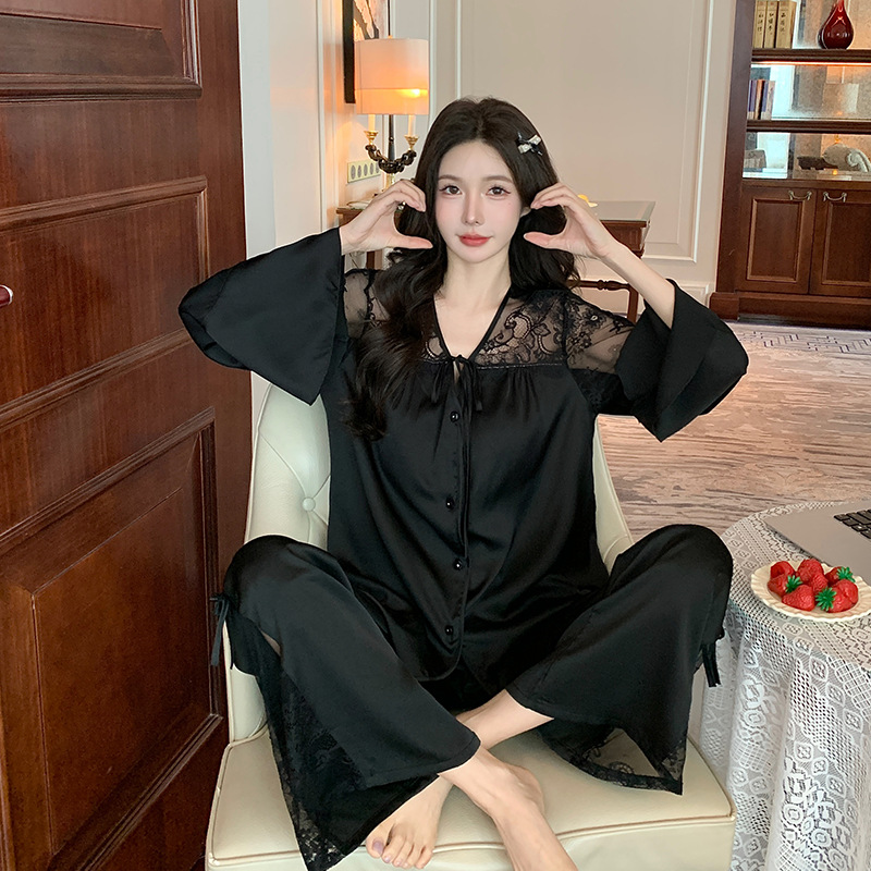 B514-New long-sleeved ladies summer ice silk pajamas spring and autumn high-end French lace home clothes suit