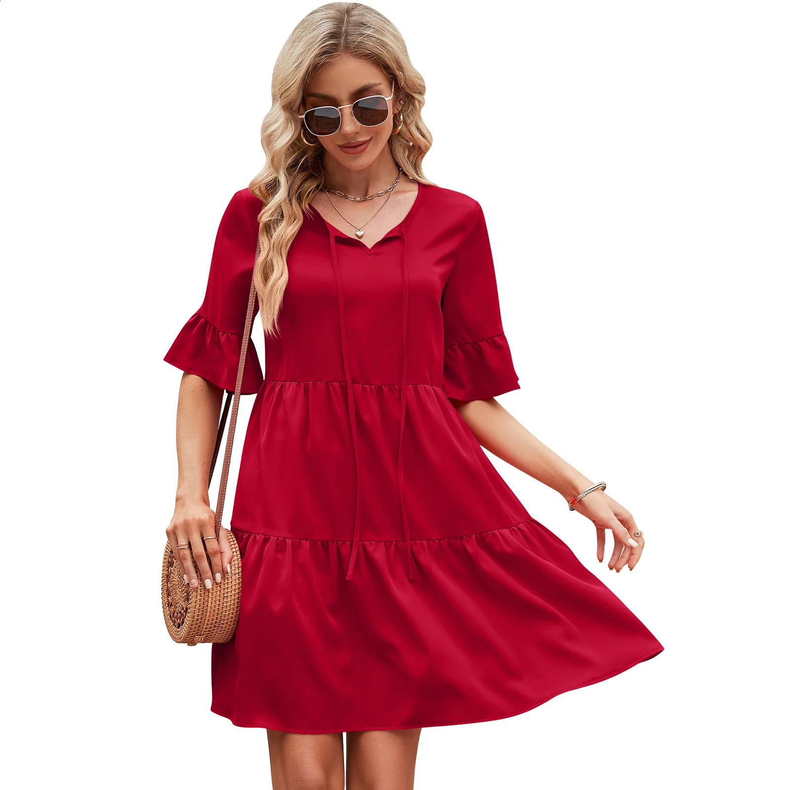 Summer Women Dress Casual Half Sleeved Lace Up Bohemian Dress Female Casual Fold Dress Womens Summer Sundresses 250313