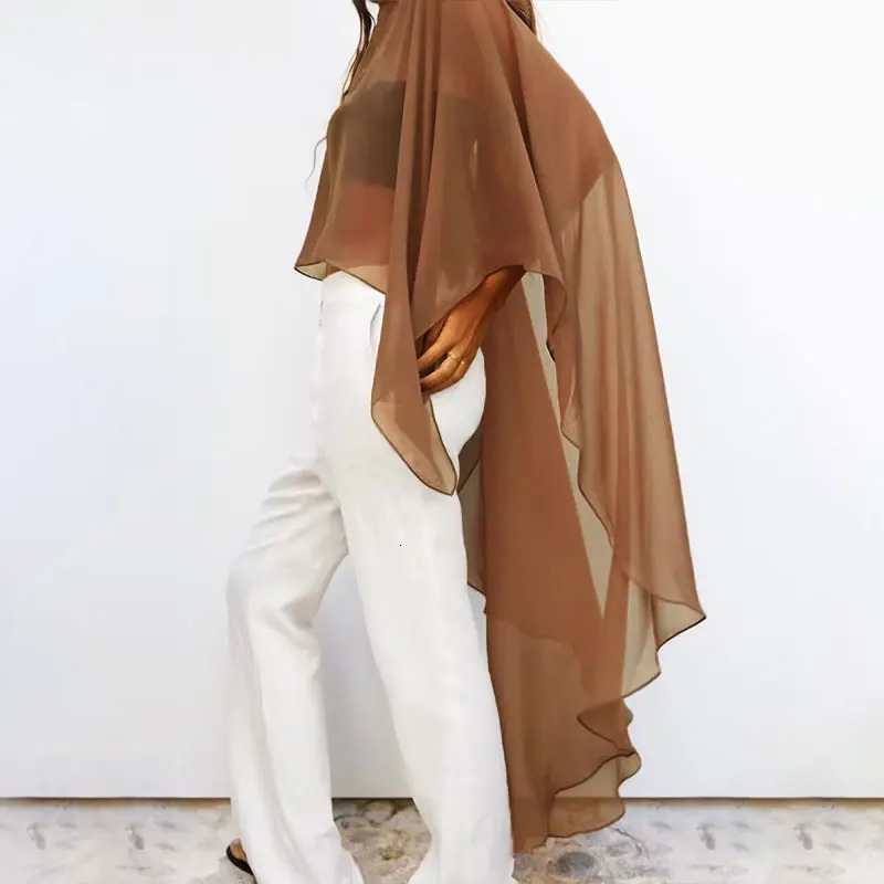 Summer Tulle Cape Coat Chiffon for Women Sunscreen Loose Round Neck Asymmetric Cloak Long Shawl Wraps 250314