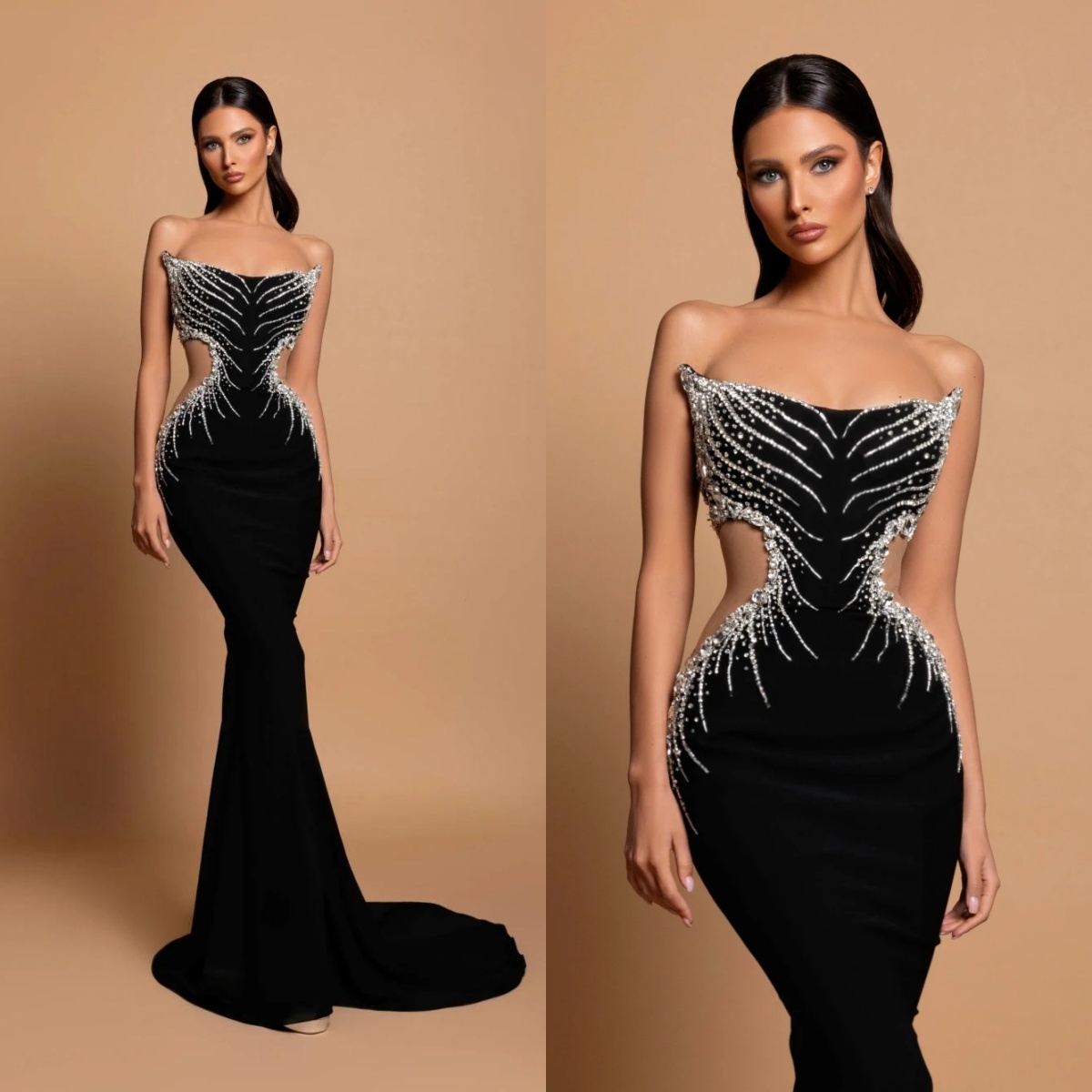 Vintage Evening Dresses For Women Strapless Sleeveless Gown Crystal Sequins Backless Sweep Train Party Customized Dress
