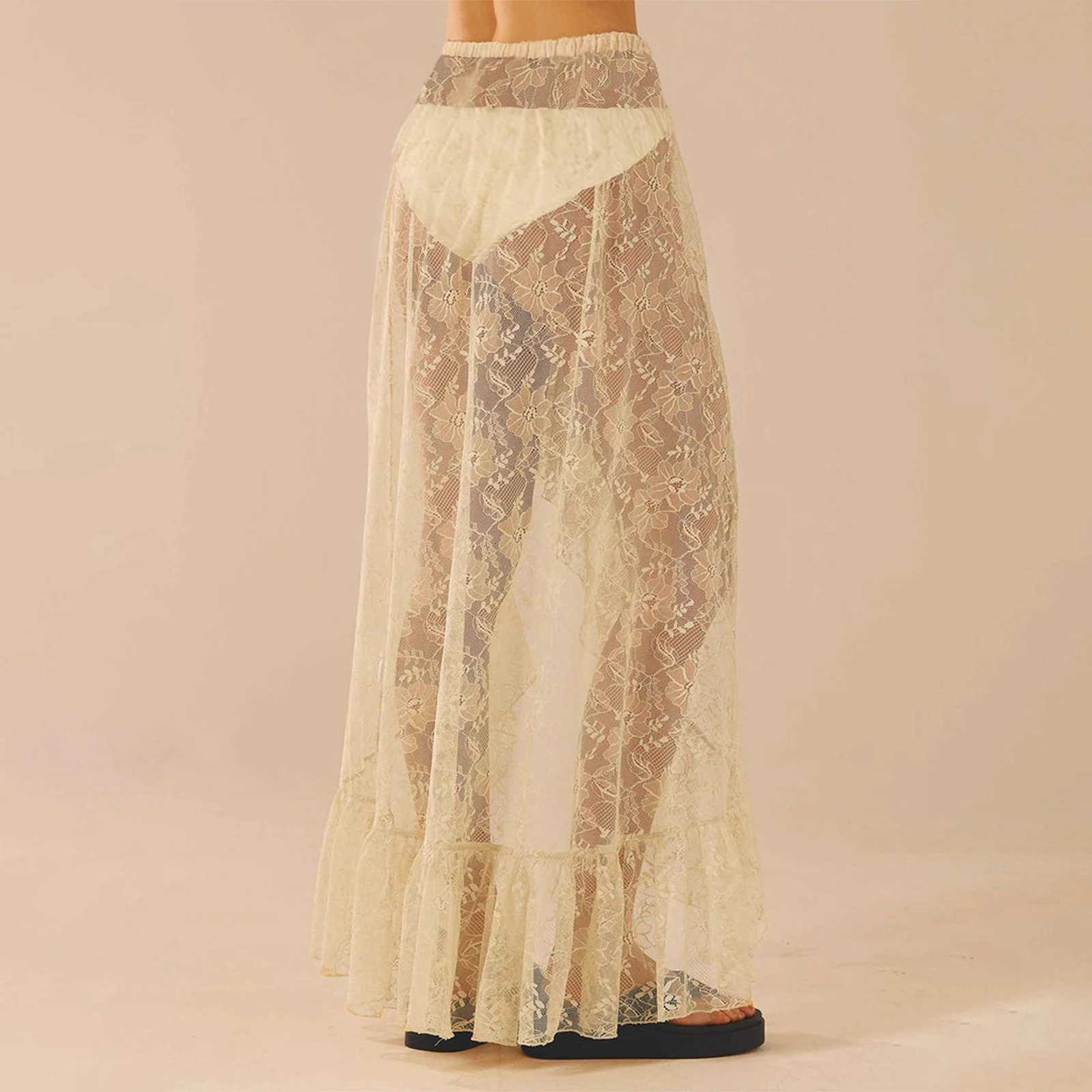 Skirts Vintage high waisted asymmetrical hem ruffled Midi ski board Flowy ski board womens summer solid color lace long ski Y250314QZZI