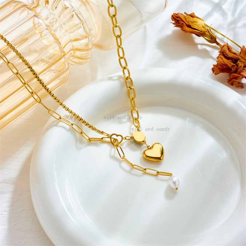 18k Gold Love Heart Pendant Necklace Designer Crystal Water Drop Gold Chain Stacking Necklaces Cuff Woman Fashion Golden Jewelry