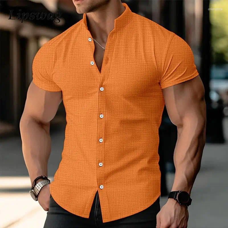 Men's Casual Shirts Vintage Button-up Stand Collar Mens Spring Summer Short Sleeve Linen Shirt Tops Men Clothes Fashion Solid