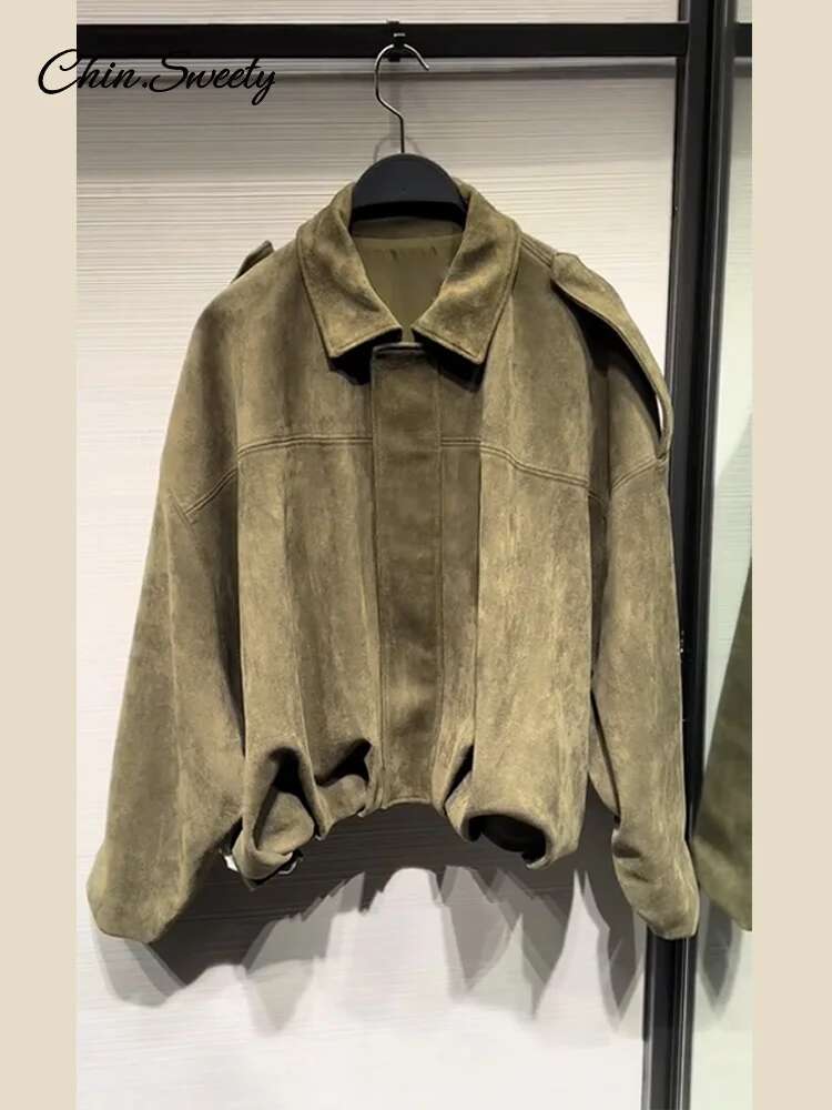 hoodie hoodie hoodie Brown Green Suede Jacket Women Lapel Zipper Long Sleeve Pockets Bomber Coat 2025 Spring Autumn Lady Loose Motorcycle Outwears jac