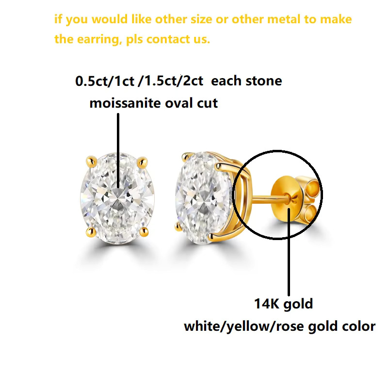 14K Gold Earring Each Moissanite 0.5ct 1ct 1.5ct 2ct Oval Loose Moissanite Diamond Stud Earring