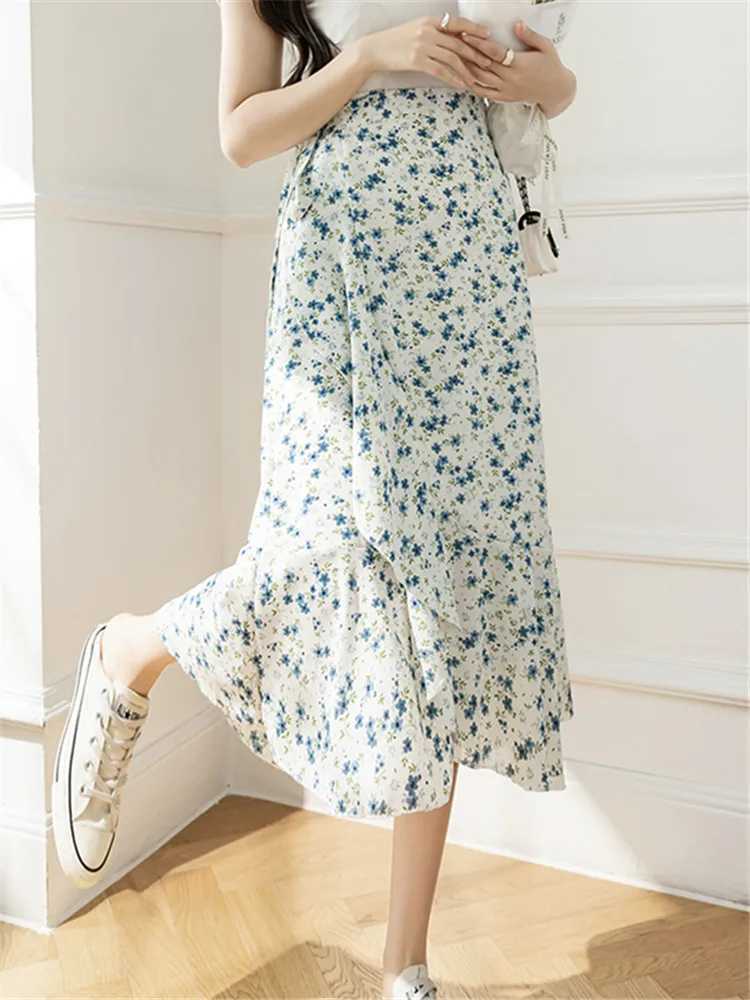 Skirts Realfert New Flower Printing A-line Skirts Bohemia 2025 Summer Spring High Waist Retro Womens Midi Length Integrated Skiing Y250314LX5O