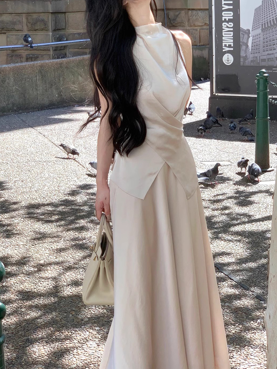 K8165 Satin suit high-end slim lace-up fashionable two-piece temperament long skirt