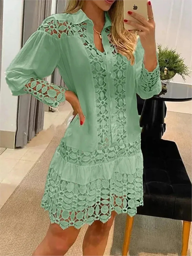 Spring Summer Long Sleeve For Womens Dresses Solid Color Lace Splicing Fashion Cutout Shirt Elegant Female Sexy Dress 250313