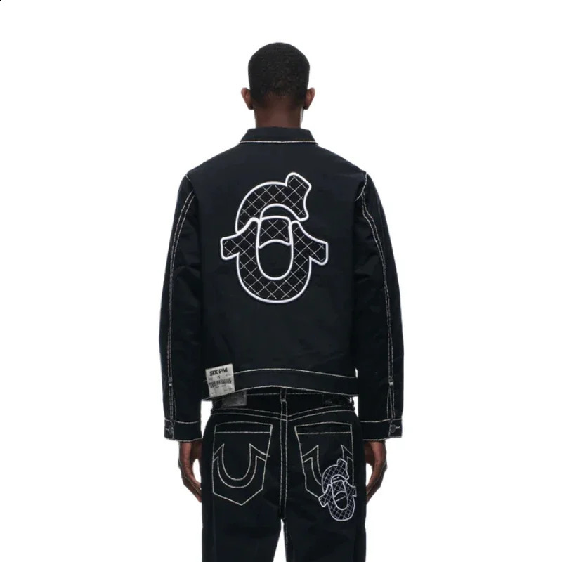 Hip Hop Letter Embroidered Jacket Y2K Streetwear Mens Womens Jeans Two Piece Tracksuit Retro Loose Leather Biker Punk Jacket Set 250313