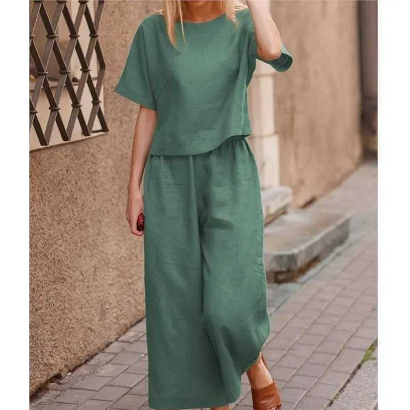 New casual women set loose solid color shirt with cotton and linen patchwork round neck short sleeved top and pants twopiece setT250314