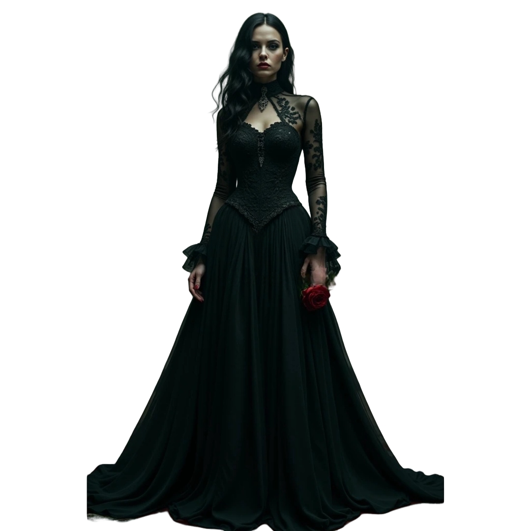 Long Sleeves Black Gothic Wedding Dresses A-Line Keyhole High Collar Vintage Bridal Gown Lace Appliques Princess Waist - view 3