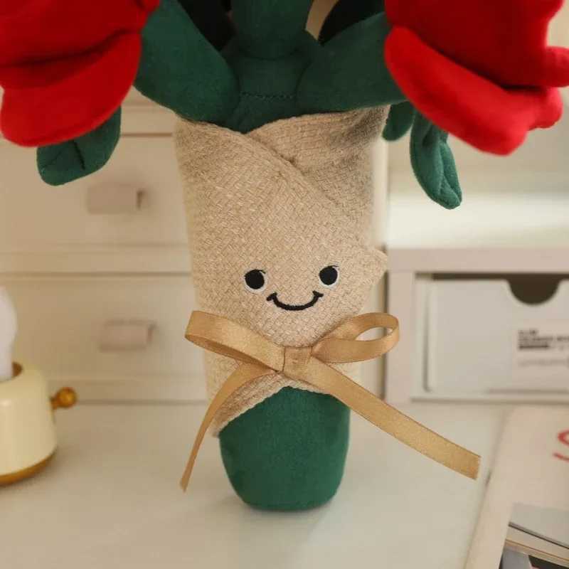 Fun Romantic Red Rose Bouquet Doll Plush Toy Heart Holding Flower Doll Creative Bouquet Home Decoration Valentines Day GiftXJ250314